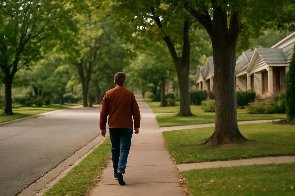 A quiet residential street with a person walking slowly past trees and houses